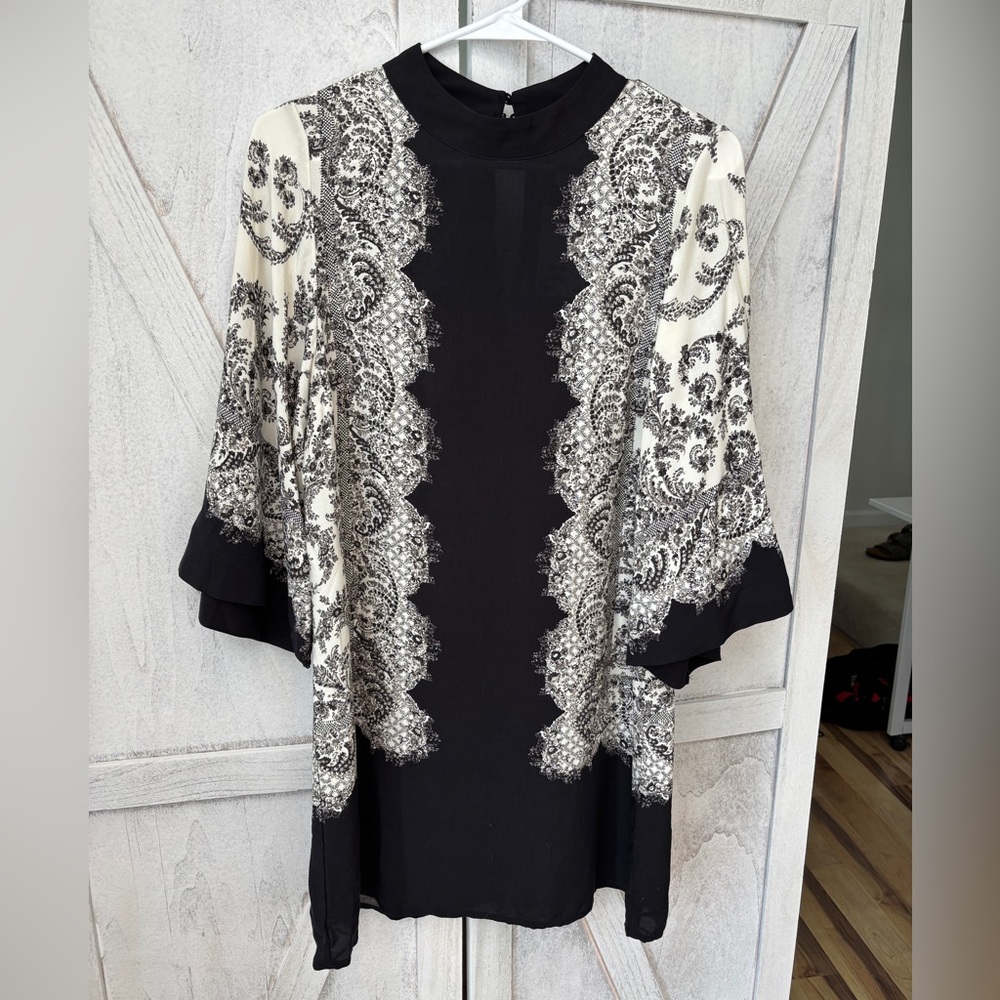 H&M Boho Black Tunic Shift Dress Women’s Size 4 Floral New With Tag